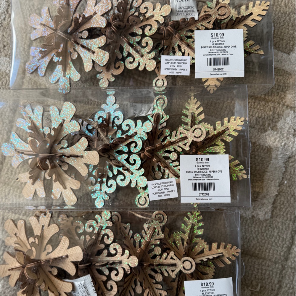 Wooden Snowflake Ornaments with Iridescent Accents - 12 total - NWT